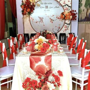 Backdrop lễ tân hôn Chí Kiên Lan Anh hoa đào chim sẻ