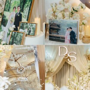 Collage tiệc cưới Thùy Dương Thế Sơn bảng welcome monogram D&S