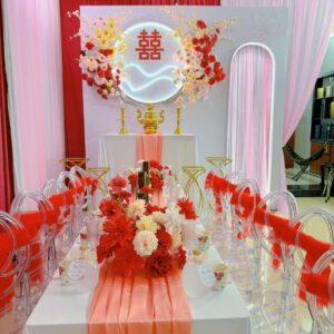 Gia tiên lễ vu quy chữ hỷ neon ghế trong suốt runner cam đào