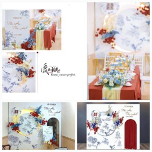 Gia tiên lễ vu quy họa tiết sứ xanh Thái Hòa Thùy Linh