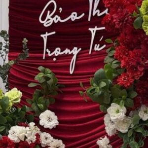 Backdrop cưới màu đỏ nhung đỏ xếp nếp tên Bảo Thư Trọng Tú chữ trắng hoa đỏ trắng cúc xanh