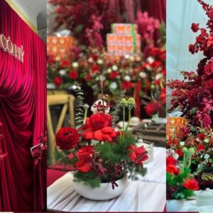 Backdrop cưới màu đỏ rèm nhung đỏ cổng Nhà có hỷ tráp đỏ hoa hồng gia tiên Phương Anh Phạm Tuấn
