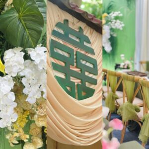 Chữ hỷ xanh lá trên vải kem hoa lan trắng vàng lá môn ghế gỗ thắt lụa xanh gia tiên