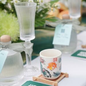 Cốc gốm vẽ sen cá chép lót tre ly sọc thẻ xanh rêu chữ hỷ bàn trà