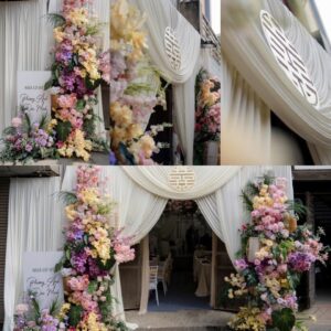 Cổng vải trắng chữ hỷ tròn hoa pastel lan tím vàng hồng lễ ăn hỏi Phương Anh Đức Minh