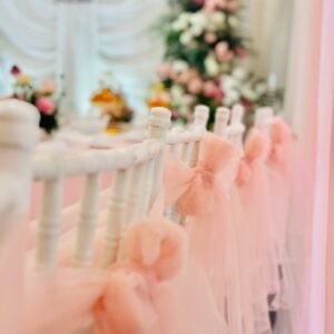Ghế Chiavari trắng thắt nơ voan hồng đào trong rạp cưới