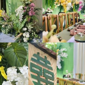 Gia tiên lễ ăn hỏi vu quy phông xanh lá tre trúc chữ hỷ xanh hoa lan trắng vàng bàn khăn xanh rêu