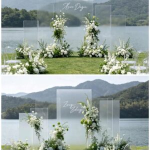 Hai lễ đám cưới bên hồ backdrop acrylic mờ tên viết tay hoa trắng xanh cốm ghế trong suốt