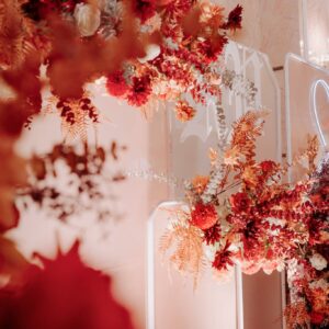 Hoa khô cam đất đỏ đô lá cọ bạc trên backdrop mica cam đào