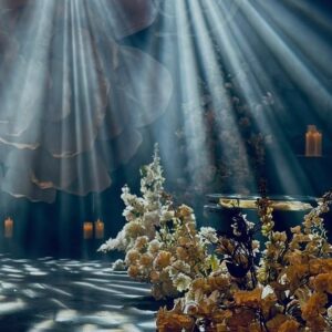 Hoa khô vàng mù tạt hoa trắng dưới tia đèn beam nến trụ sảnh cưới hoa giấy khổng lồ